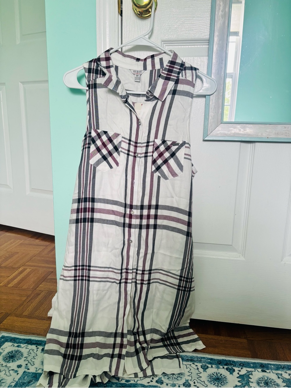 Vintage Guess White Plaid Midi Dress with Black and Burgundy Stripes